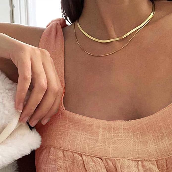 18K Gold Plated Herringbone Necklace Set for Women - Set of 2 (16"+18"),Layered Flat Snake Chain Choker-18K Gold & White Gold Tone -Tarnish Resistant Jewelry Gifts for Women/Girl
