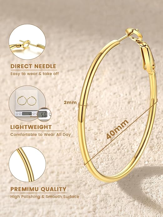 KeyStyle Gold Hoop Earrings for Women, Stainless Steel Hoops Earring Lightweight Loops, 2 mm Thick Hypoallergenic Circle Endless Thin Hoop (20/30/40/50/60/70/80/90/mm)