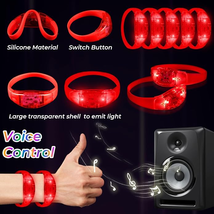 24 Pack Light UP Bracelets Sound Activated Flashing Wristbands Music Control Glow in the Dark Bracelets for Rave Game Prizes Carnival Concerts Night Events Mardi Gras Party Favors