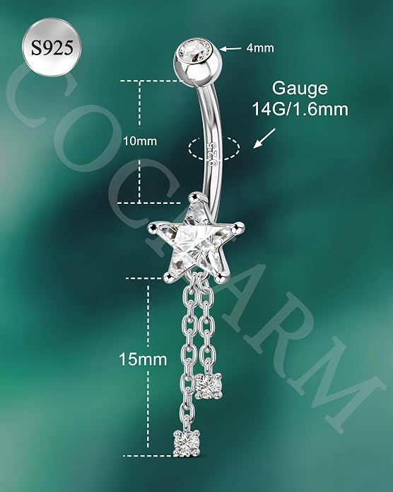 COCHARM 14K Gold Plated Belly Button Ring, 925 Sterling Silver Belly Navel Rings for Women, 14G Dangle Belly Piercing Jewelry