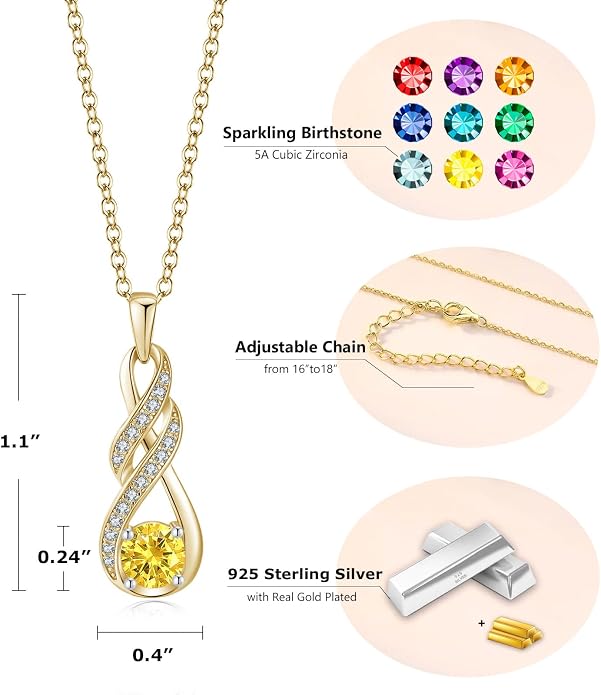 Birthstone Necklaces for Women 925 Sterling Silver Infinity Pendant Created Gemstone Jewelry for Her, 16"+2"