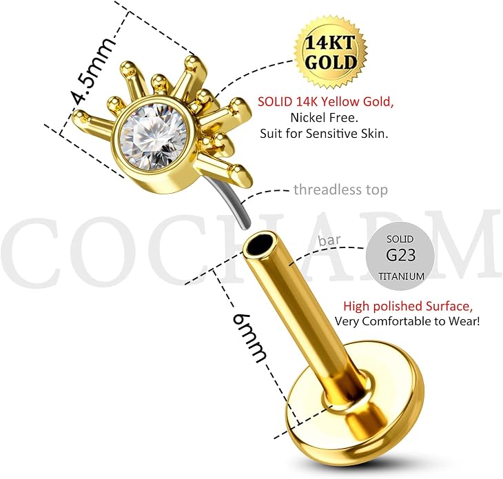 COCHARM 14K Solid Gold Cartilage Earring Stud 16g Yellow Gold Flat Back Helix Stud 14K Gold Push in Tragus Earring Stud Threadless Labret Stud Labret Rings