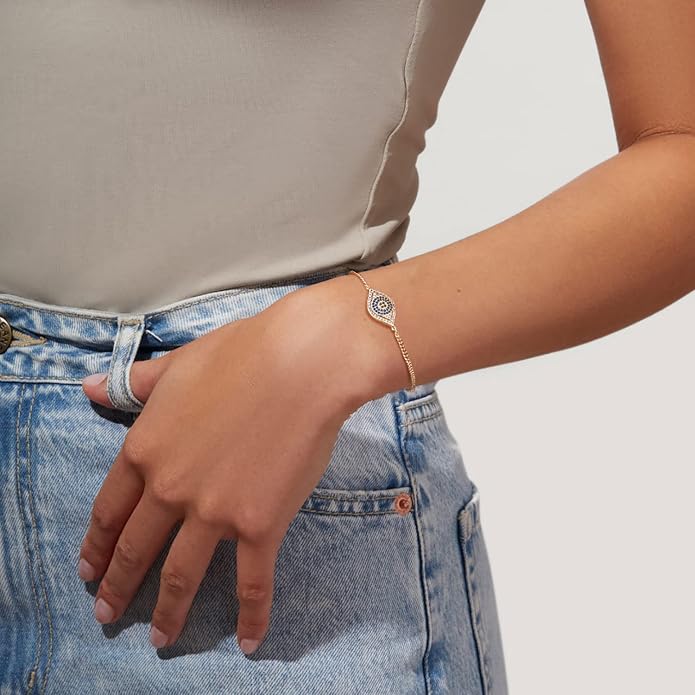 MTMY Evil Eye Bracelet for Women 14K Gold Plated Dainty Bracelets with Crystcal Adjustable Chain Cute Eye Bracelet Gold Jewelry for Her