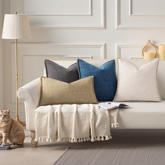 decorUhome Dark Blue Faux Linen Outdoor Throw Pillow Covers 20x20 Set of 2 | Fall Decorative Textured Neutral Modern Farmhouse Pillow Covers with Stitched Edge for Couch Sofa Bed Living Room
