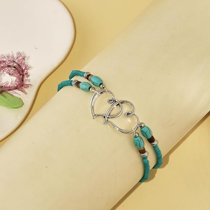Elastic Beaded Ankle Bracelets for Women Double Heart Layered Stretch Ankle Bracelets Waterproof Dainty Boho Beaded Anklets for Summer Beach Foot Jewelry