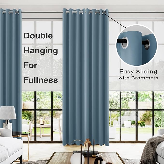 KOUFALL Blue Blackout Curtains 96 Inches Long for Living Room,Grommet Thermal Room Darkening Curtain for Bedroom 96 in Length 2 Panel Set,Dusty Grey Blue