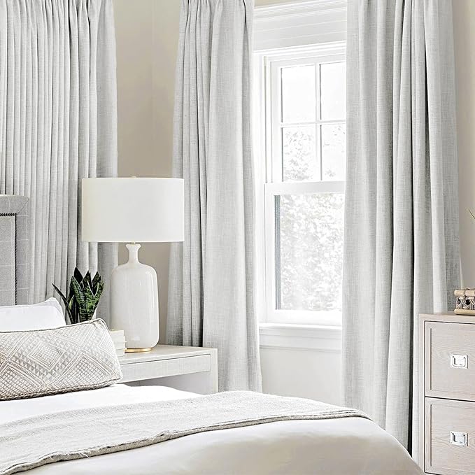 MIULEE 100% Blackout Linen Textured Curtains for Bedroom Solid Thermal Insulated Heathered White Grommet Room Darkening Curtains & Drapes Luxury Decor for Living Room 52 x 96 Inch (2 Panels)
