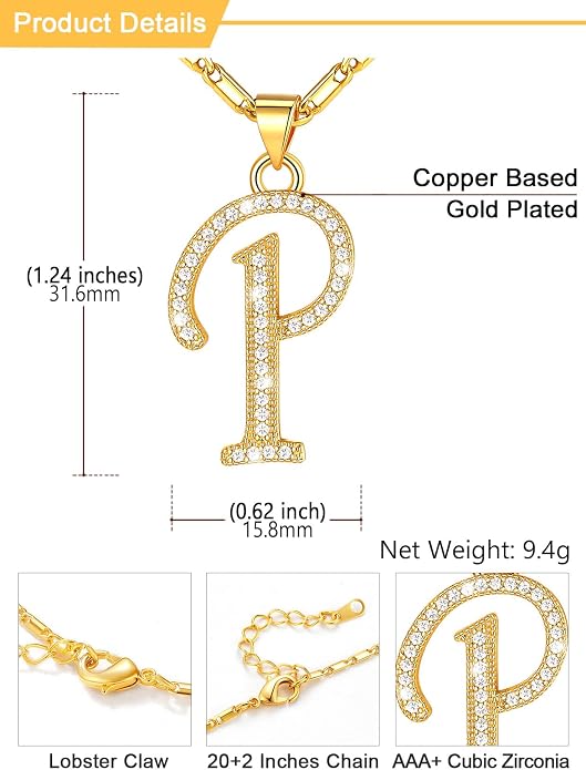 U7 Initial Necklace for Women, Gold/Platinum Plated CZ Crystal Letter A-Z Pendant Necklace, Shiny 20 Inch Name Chain Dainty Personalized Jewelry for Men Mom Wife Friend