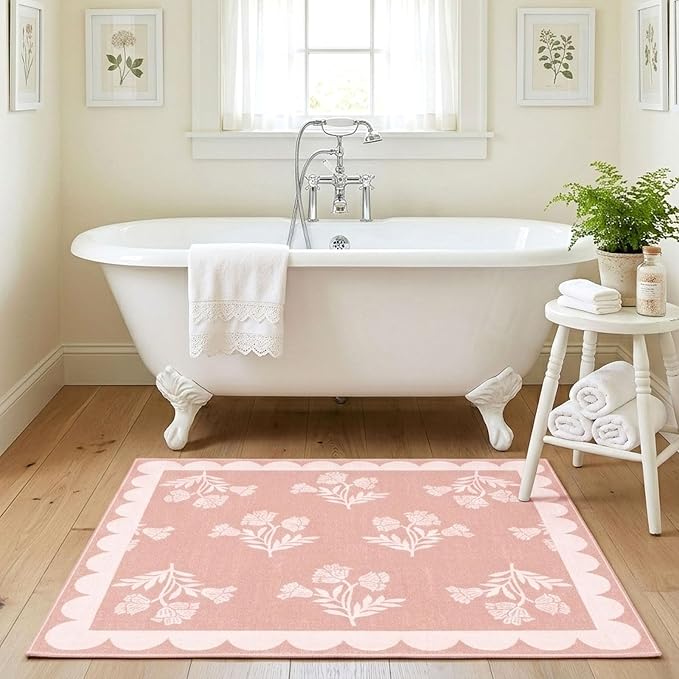 Pink Square Rug 3ft - Soft Washable Floral Boho Bathroom Rug Non Slip 3x3 Stain Resistant Cute Scalloped Square Small Accent Throw Rugs for Entryway Girls Bedroom Kitchen Dorm Bath Powder Room