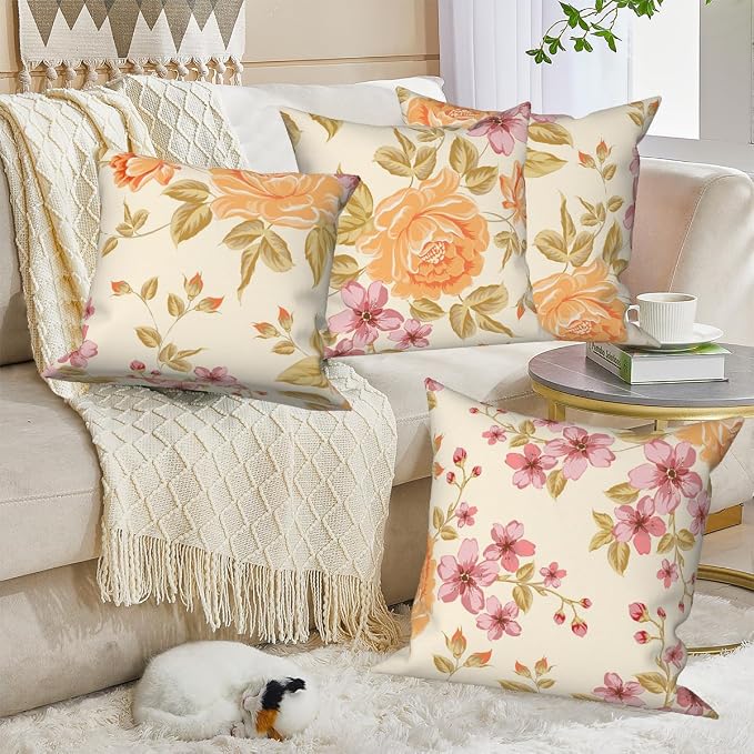 Spring Flower Throw Pillow Covers 22"x22" Set of 4, Vintage Yellow Floral Pillowcases Countryside Cushion Cases for Chair Sofa Bed Living Room Garden Car Indoor Outdoor Home Decoration