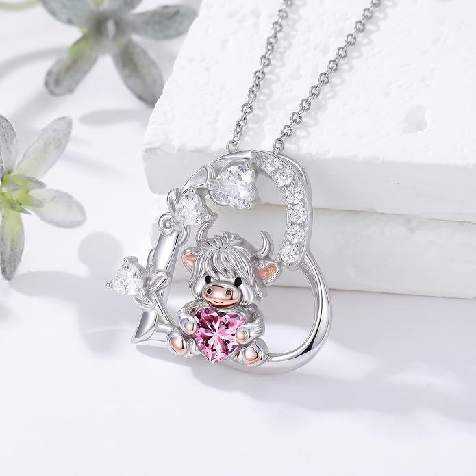 PELOVNY Teddy Bear Necklace for Women 925 Sterling Silver Bear/Highland Cow/Fox/Cat/Axolotl Birthstone Necklace Christmas Birthday Jewelry Gifts for Mom Daughter Wife Sister