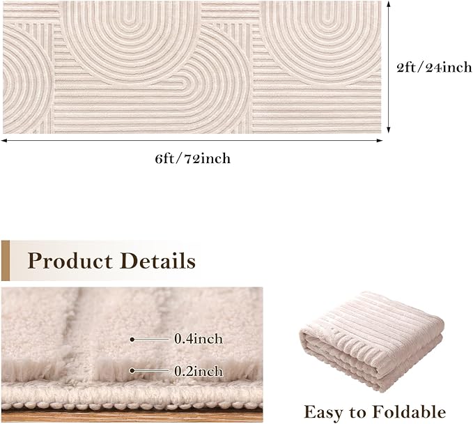 Ciicool 2x6 Washable Runner Rug,Beige Solid Hallway High-Low Pile Carpet | Modern Textured Soft Fluffy Non Slip Plush Carpet Stain Resistant Bedside Bedroom Dining Room Kitchen Entryway indoor Decor