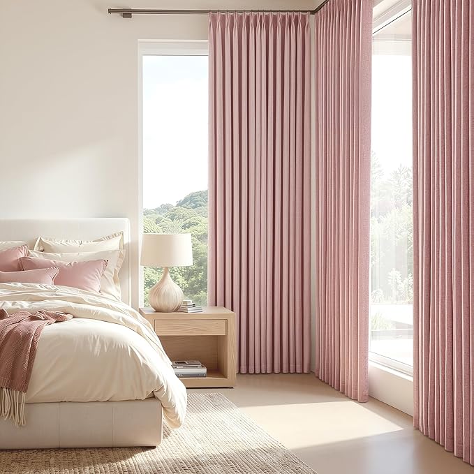 MIULEE Pink Pinch Pleated 100% Blackout Linen Curtains for Bedroom, Room Darkening Memory Trained Light Blocking Window Curtains 108 inches Long for Living Room, Black Out Pleat Drapes, 2 Panels