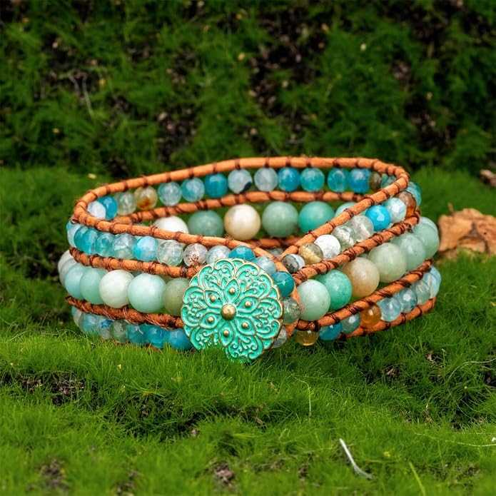 YGLINE Boho Handmade Natural Stone Bead 3 Row Wide Wrap Wrist Statment Bracelet Jewelry Collection