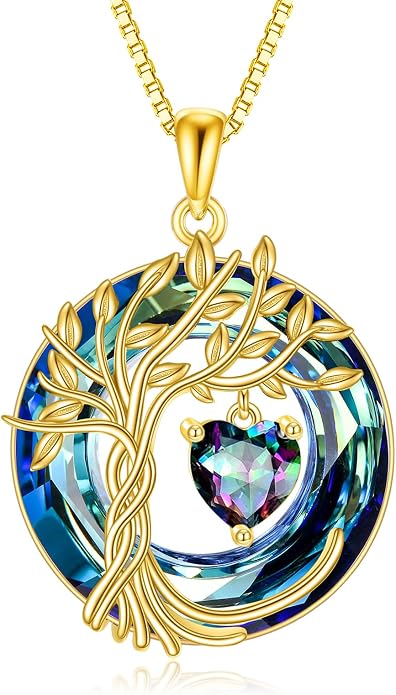 POPLYKE Mothers Day Gifts for Mom Her Wife Tree of Life Necklace 925 Sterling Silver Birthstone Pendant with Crystal Anniversary Birthday Wedding Jewelry for Women