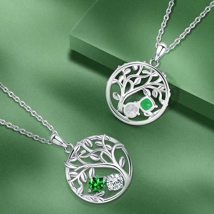 Tree of Life Birthstone Necklace for Women 925 Sterling Silver Birthstone Pendant 12 Months Necklaces with Zircon Birthday Gifts for Women, Mom, Grandma Cable Chain 18"+2"