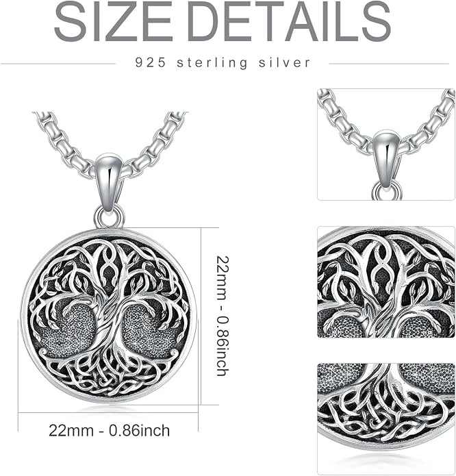 Tree of Life Necklace 925 Sterling Silver Round Tree of Life Pendant Jewelry for Men Women, w/Stainless Steel Chain 22''+2''