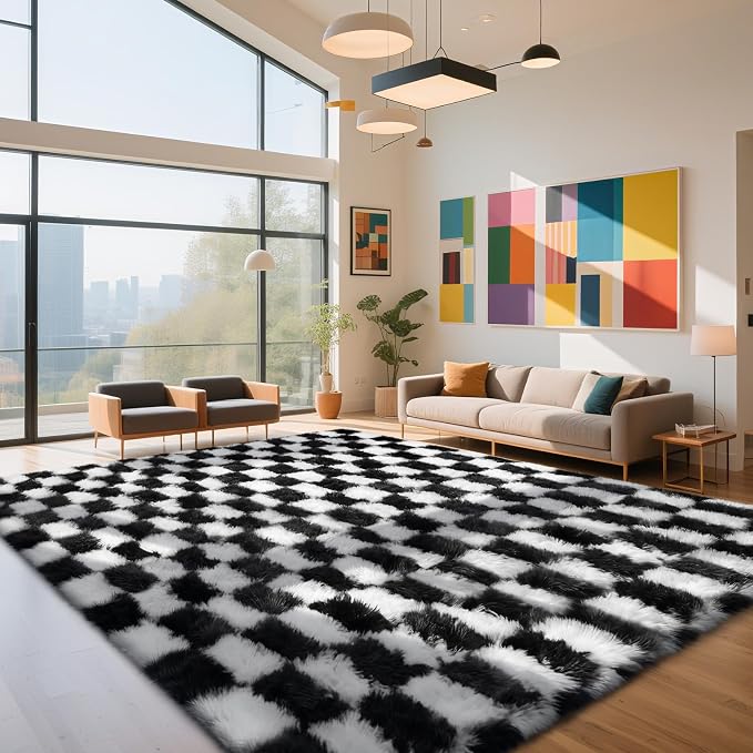Checkered Rug for Living Room, 6x9 Black and White Area Rugs, Classic Checkered Carpets Shag Area Rug, Bedside Rugs for Living Room Bedroom Room Home Decor
