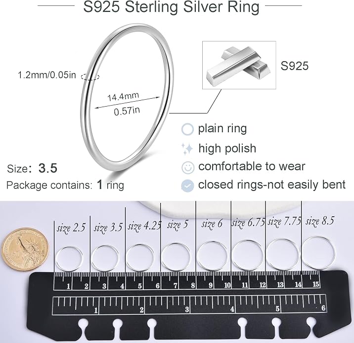CANDYFANCY 925 Sterling Silver 1.2mm Stacking Midi Thin Rings Thumb Pinky Ring Stack Knuckle Rings for Women Band Ring Size 2.5-8.5
