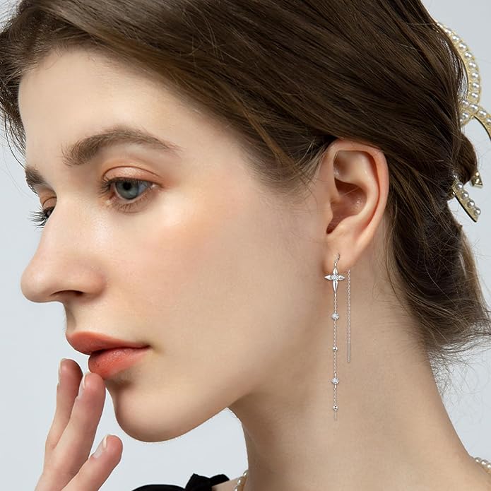 Moissanite Threader Earrings for Women - 925 Sterling Silver 0.6CT 3.0mm Moissanite Dangle Drop Earrings Long Chain Earrings Jewelry Gifts
