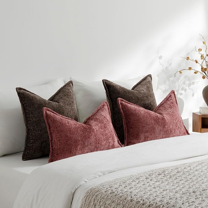 DEZENE Pack of 2 Chocolate Brown Decorative Throw Pillow Covers 18x18 Cozy Soft Chenille Accent Vintage Square Couch Pillow Covers for Home Decor Bed Sofa Living Room
