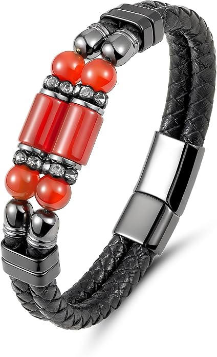 Mens Leather Turquoise/Tiger Eye/Obsidian/Lava Stone Bracelet–Braided Multi‑Layer Wristband Cuff Bangle Barcelet–Jewelry Box and Pouch Packing
