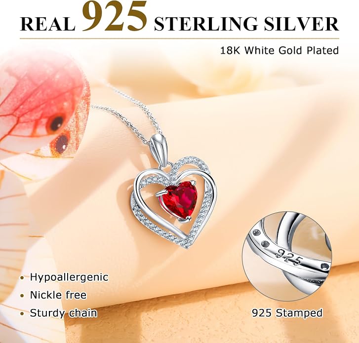 Anniversary Charm Necklace, Sterling Silver 14K Gold Plated Chain with Interlocking Heart Pendant Elegant Birthstone Necklaces for Women, Length 18"