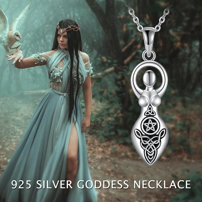 YFN Triple Moon Goddess Necklace Sterling Silver Pentagram Pentacle Opal Pendant necklace Pagan Wiccan Magic Amulet Tree of Life Jewelry for Women Men 18"