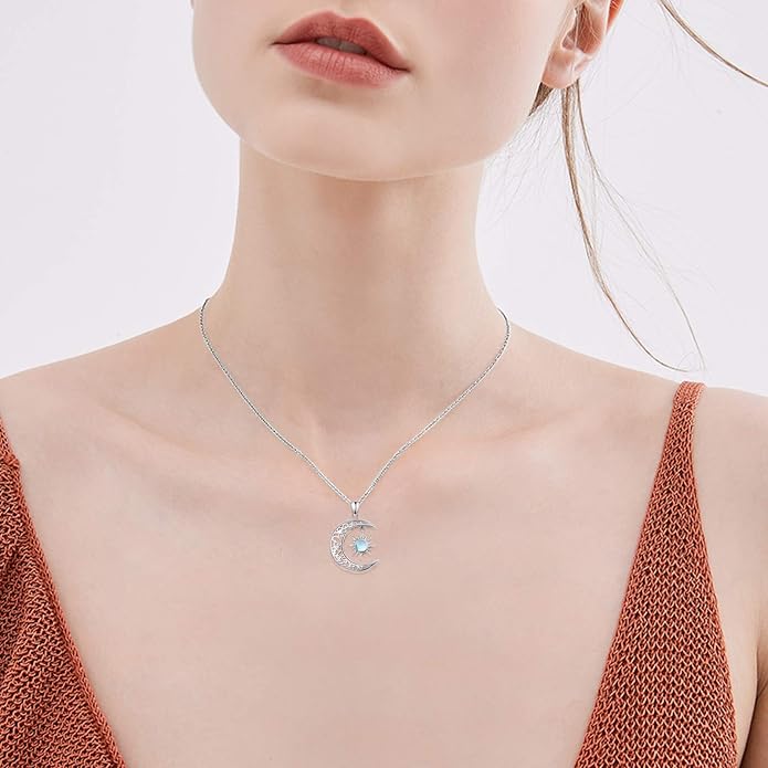 TRISHULA Moon Star Necklace, 925 Sterling Silver Crescent Moon Sun Pendant with Moonstone Crescent Jewelry Gift for Her Sister Birthday Christmas