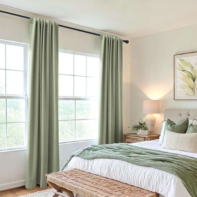 100% Blackout Shield Linen Blackout Curtains for Bedroom 90 Inches Long, Back Tab/Rod Pocket Living Room Drapes, Thermal Insulated Blackout Curtains 2 Panels Set, 50" W x 90" L, Sage
