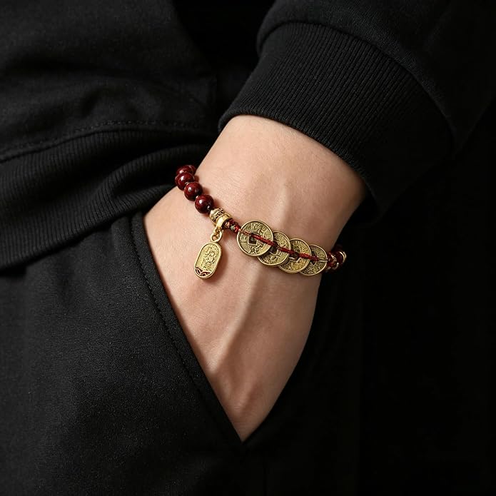 Feng Shui Bracelet for Wealth and Success – Genuine Cinnabar Beads with Five Emperor Coins Amulet – Spiritual Protection & Good Luck Jewelry – Adjustable Health & Prosperity Charm for Men and Women
