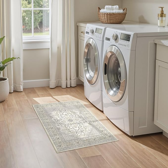 Tortania Area Rug 2x3 Doormat - Washable Vintage Oriental Farmhouse Soft Thin Indoor Carpet for Living Room Bedroom Hallway Entryway Kitchen - Beige Linen
