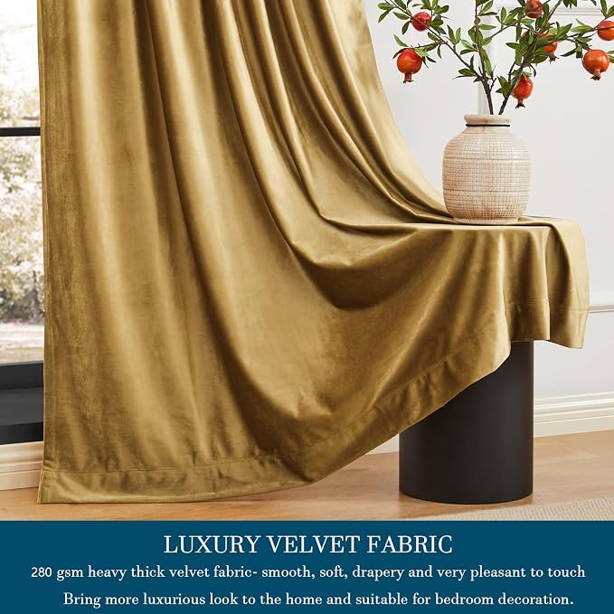 Gold Velvet Curtains 72 inch Long for Living Room,Luxury 2 Panels Room Darkening Rod Pocket Back Tab Curtain Elegant Thermal Insulated Heavy Soft Soundproof Decorative Window Drapes for Bedroom