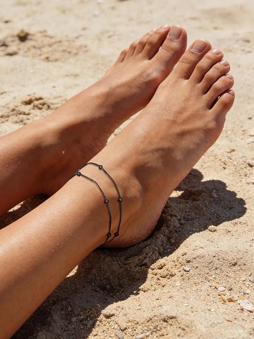 U7 Silver/Gold Ankle Bracelets for Women Layered Chain Anklets Stainless Steel Waterproof Summer Beach Anklet Cham, Adjustable 8.5"-10.5"