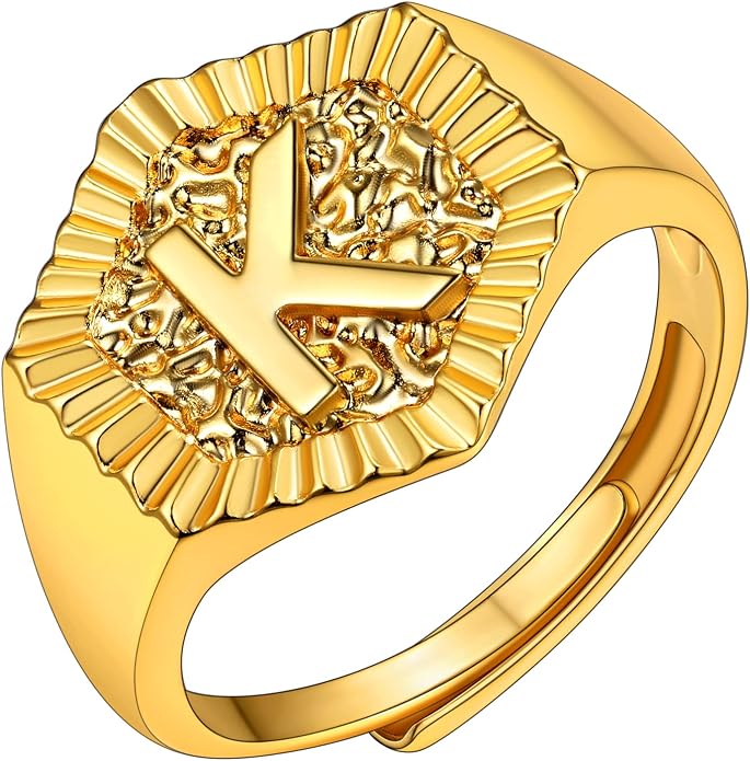 KeyStyle Bold Initial Letter Rings Adjustable, GoldChic Jewelry Women Gold Statement Ring Personalized Engraved Women’s Open Signet Ring for Party (Gold, White Gold, Black)