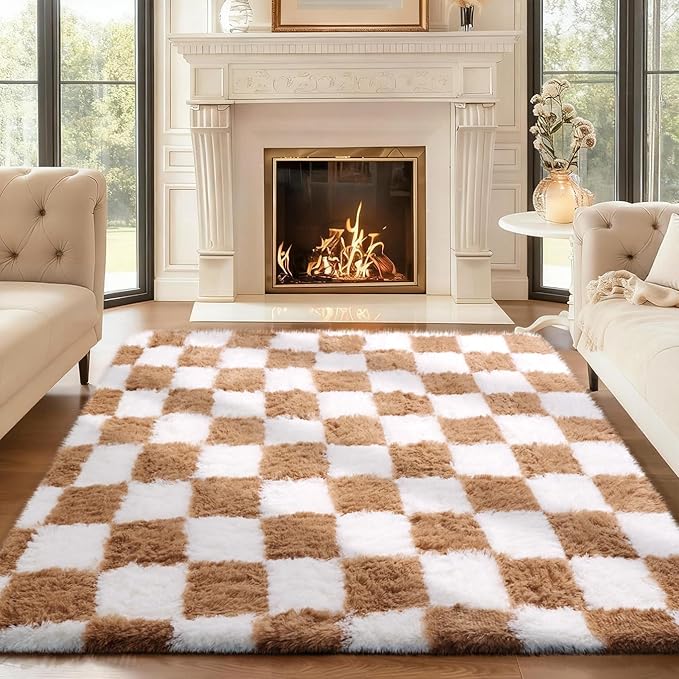 Ophanie Checkered Beige & White Rug for Living Room Bedroom,Fluffy Soft Cute Fuzzy Area Rugs,Shag Plush Shaggy Bedside Floor 4x6 Furry Carpet Kids Baby Teen Dorm Decor with Over 99 pcs Pile fibers