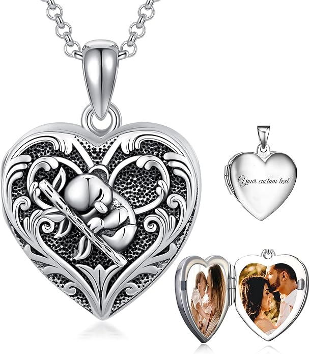SOULMEET Personalized Silver Locket Necklace That Holds Pictures Photo Keep Someone Near to You, Memorial Custom Lockets Necklaces Letters Engraving for His Her
