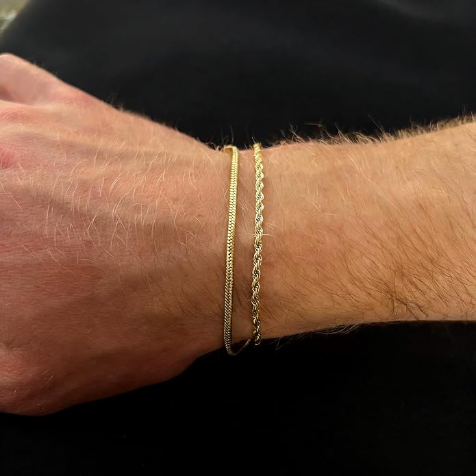 Gold Bracelets for Men Trendy - Dainty Gold Plated Stainless Steel Snake Link Bracelet Stack Rope Figaro Herringbone Chain Bracelets Set Adjustable Cuban Link Bracelet for Men Birthday Gifts for Man