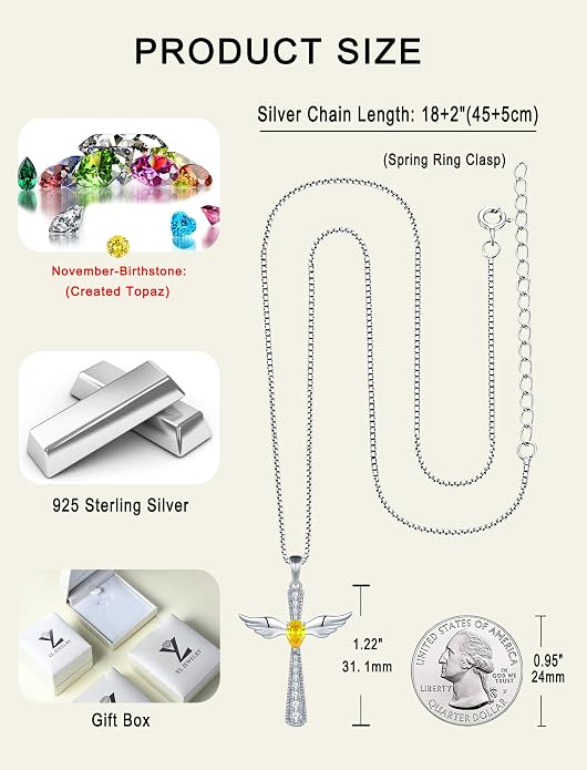 YL Cross Necklace 925 Sterling Silver Angel Wings Pendant Teardrop Birthstone Criss Jewelry for Women