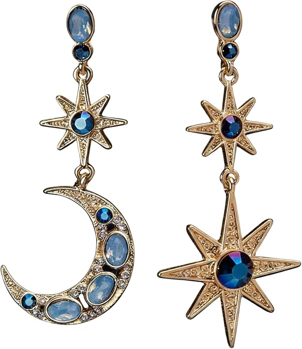 Celestial Moon & Star Asymmetric Drop Earrings for Women, Gold-Tone Mismatched Crescent Star Dangle Earrings with Crystal Accents, Hypoallergenic Alloy Jewelry for Daily & Party Wear