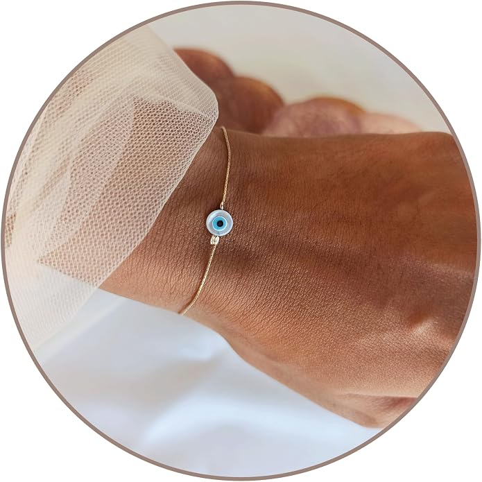 Minimalist Evil Eye Charm Bracelet – Handmade Delicate Good Luck Jewelry for Women – Adjustable 6.5” + 1” Extender