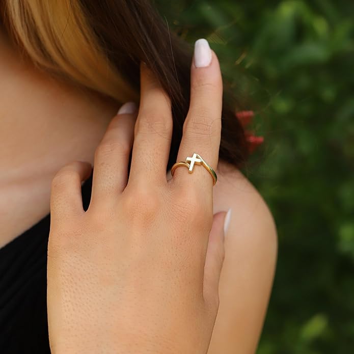 Gold Cross Statement Rings for Women 14K Gold Silver Tone Non Tarnish Cute Band High Polished Smooth Comfort Fit Size 5-10