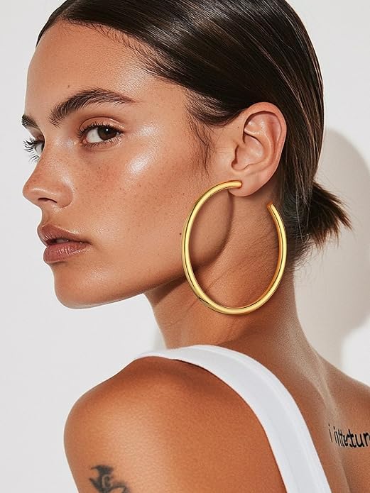 Stainless Steel Chunky Hoop Earrings For Women, Minimalist and Chic, Black/Gold Plated, Round Hoops Earrings Hypoallergenic, Size: 30mm/40mm/60mm/80mm, Come with Box