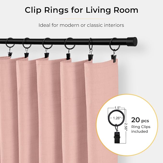 INOVADAY 100% Blackout Curtains for Bedroom, Blush Pink Black Out Curtains 72 Inch Long, Clip Rings Linen Blackout Drapes, Thermal Insulated Room Darkening for Living Room, 2 Panels - W50xL72