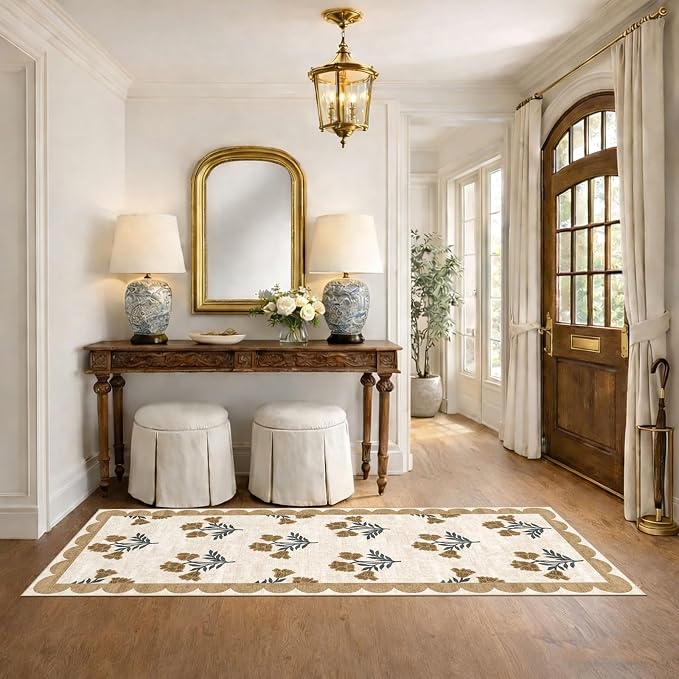 Non Slip Washable Kitchen Runner Rug - 2x6 Beige Floral Hallway Runner Rugs Soft Boho Runners for Hallways Vintage Farmhouse Scalloped Laundry Room Rug Floor Rugs for Bedroom Entryway Bathroom