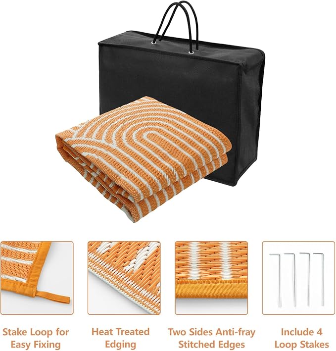 Anidaroel Patio Rugs Outdoor 6’x9’ Clearance Waterproof, Reversible Rainbow Outdoor Plastic Straw Outside Rugs, RV Outdoor Rugs for Camping, Porch, Balcony, Backyard (Orange,6‘X9')