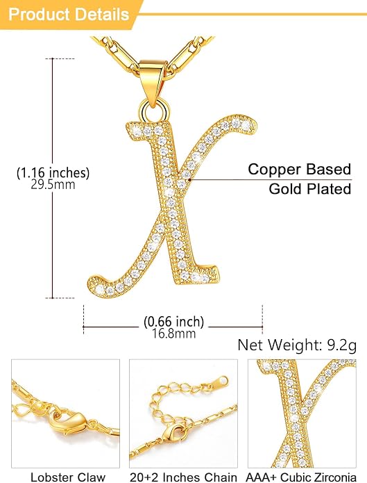 U7 Initial Necklace for Women, Gold/Platinum Plated CZ Crystal Letter A-Z Pendant Necklace, Shiny 20 Inch Name Chain Dainty Personalized Jewelry for Men Mom Wife Friend