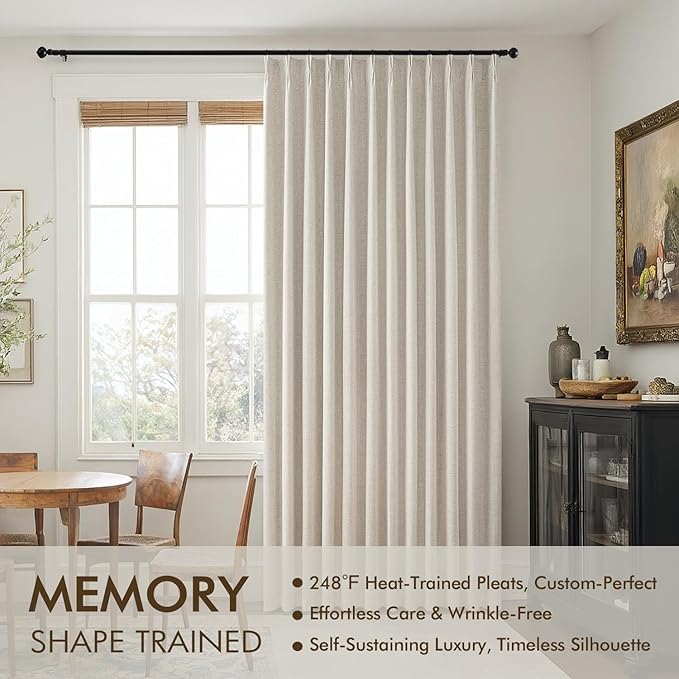 MIULEE Beige Pinch Pleated 100% Blackout Linen Curtains 96 Inch Length 2 Panels Set, Black Out Memory Trained Pleat Curtains Light Blocking Room Darkening Drapes for Bedroom Living Room Window
