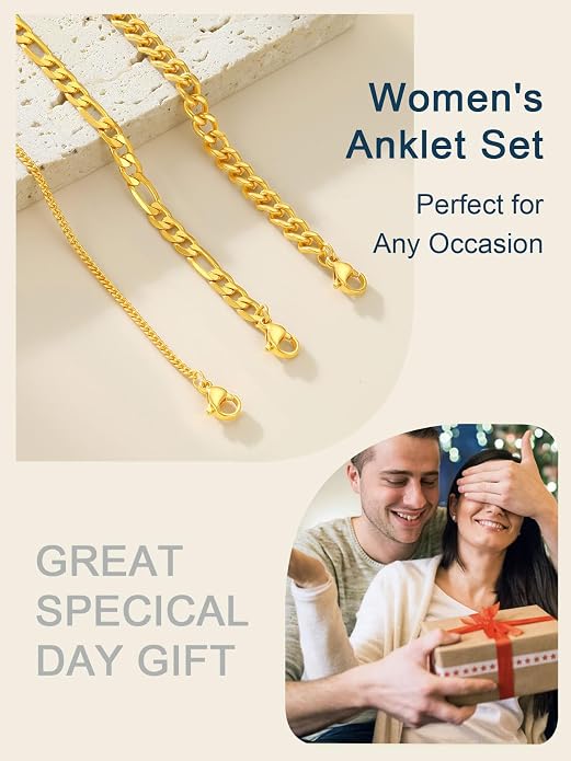 ChainsPro Stainless Steel Waterproof Anklet for Women, Adjustable Non Tarnish Layered Anklets, Trendy Dainty Cuban Link Ankle Bracelet Beach Jewelry Gifts for Swimming & Daily Wear (8.5+2 inches)