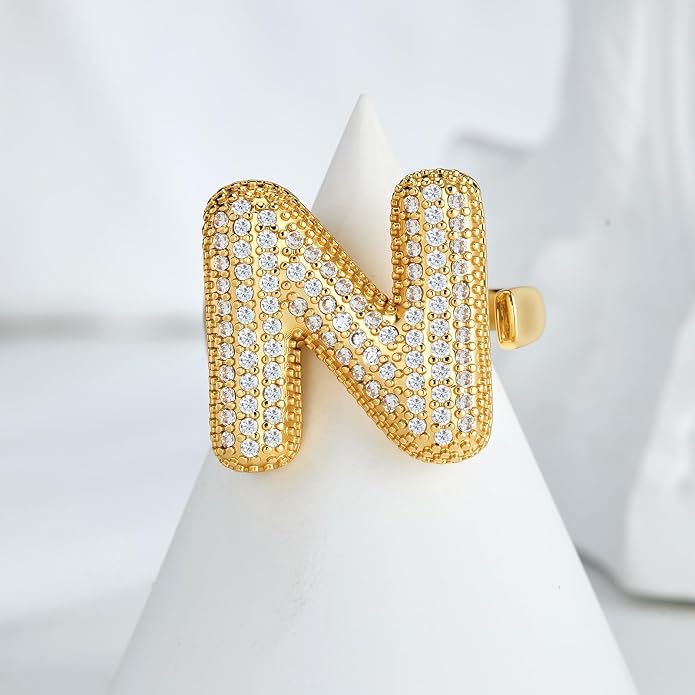 Cicy Bell Initial Rings for Women 14k Gold Plated Cubic Zirconia Delicate Letter Chunky Statement Open Rings Gifts for Her